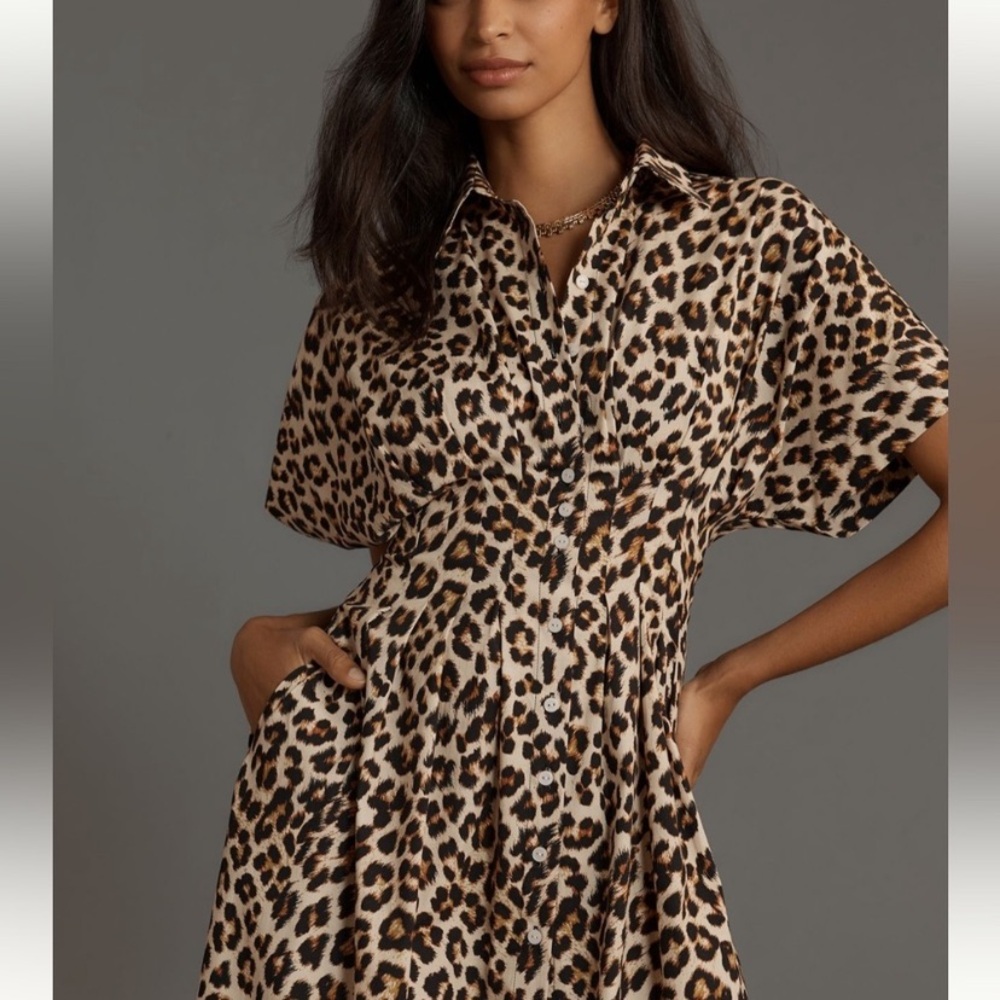NWOT Anthropologie Exquise Tobie Leopard Animal Printed Pleated Shirt Dress S - Picture 2 of 8